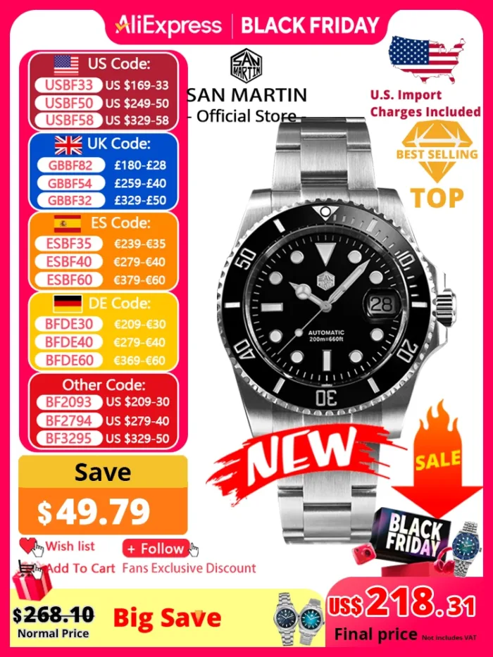 ساعة الرجال الفاخرة سان مارتن 40 مللي متر مقاوم للماء 200 متر SN0017