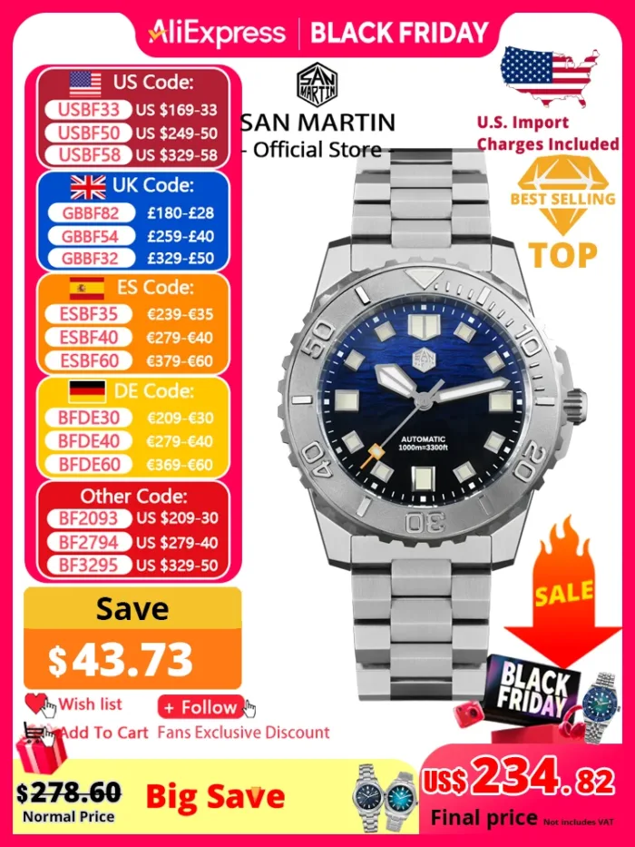 ساعة سان مارتن 1000 متر مقاوم للماء 43 مللي صمام NH35 التلقائي الميكانيكية SN0147