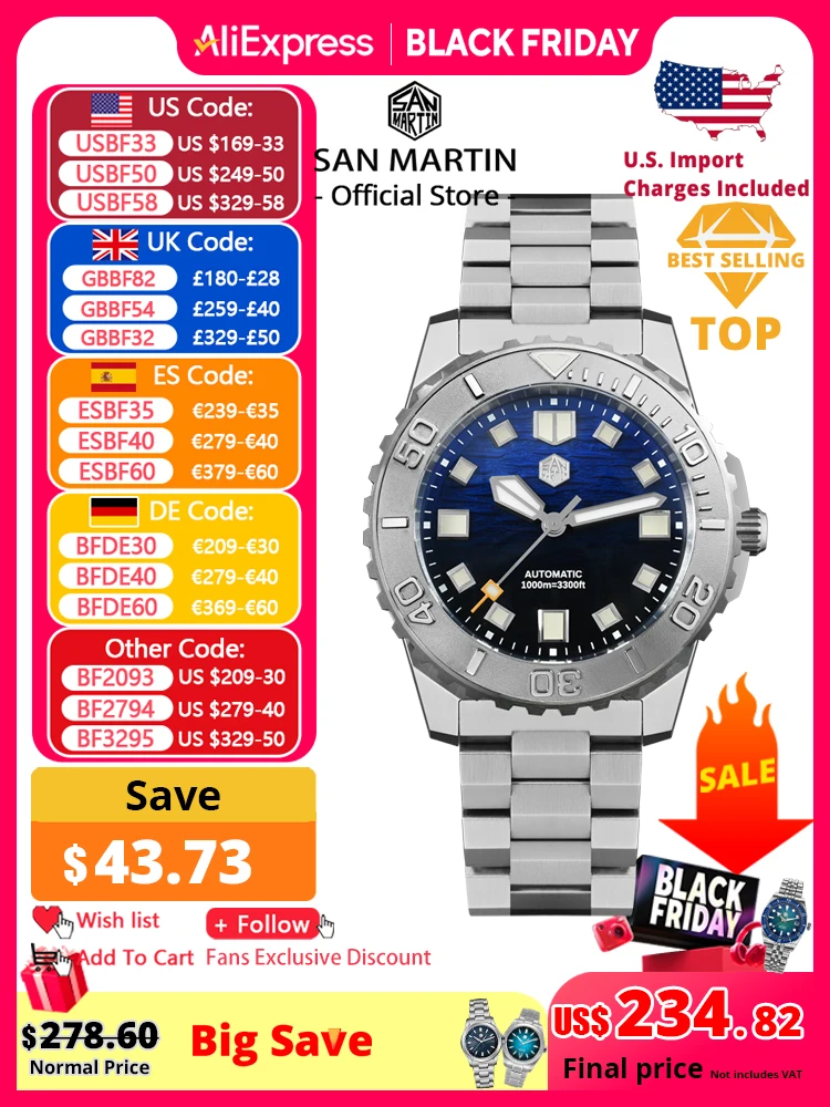 ساعة سان مارتن 1000 متر مقاوم للماء 43 مللي صمام NH35 التلقائي الميكانيكية SN0147